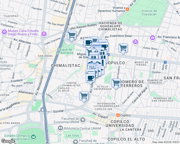 map of restaurants, bars, coffee shops, grocery stores, and more near 28 Oxtopulco in Ciudad de México