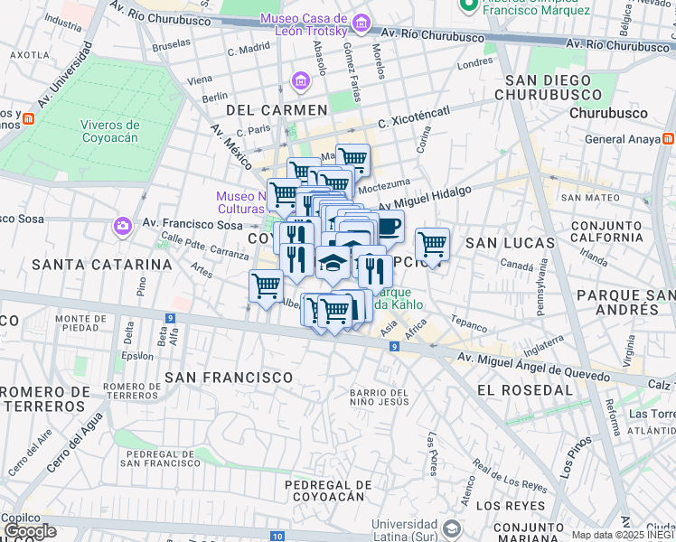 map of restaurants, bars, coffee shops, grocery stores, and more near 17 San Francisco Figuraco in Ciudad de México