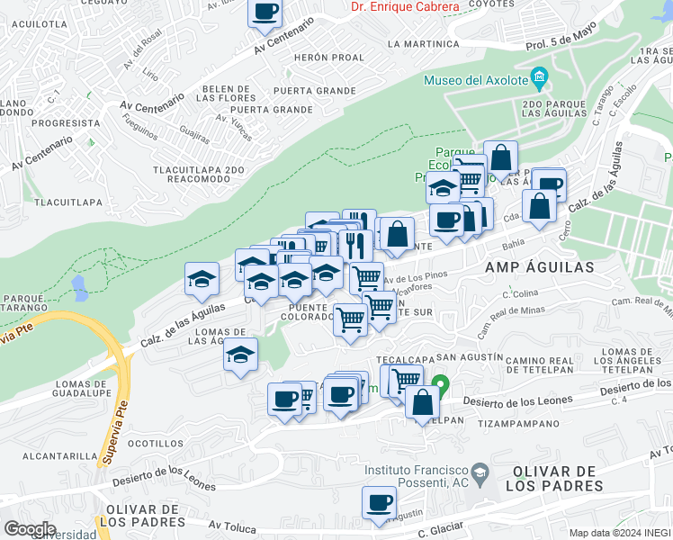 map of restaurants, bars, coffee shops, grocery stores, and more near Calzada de Las Aguilas in Ciudad de México