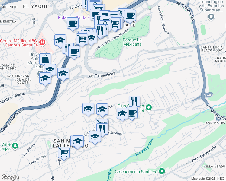 map of restaurants, bars, coffee shops, grocery stores, and more near Cañada los Helechos in Ciudad de México