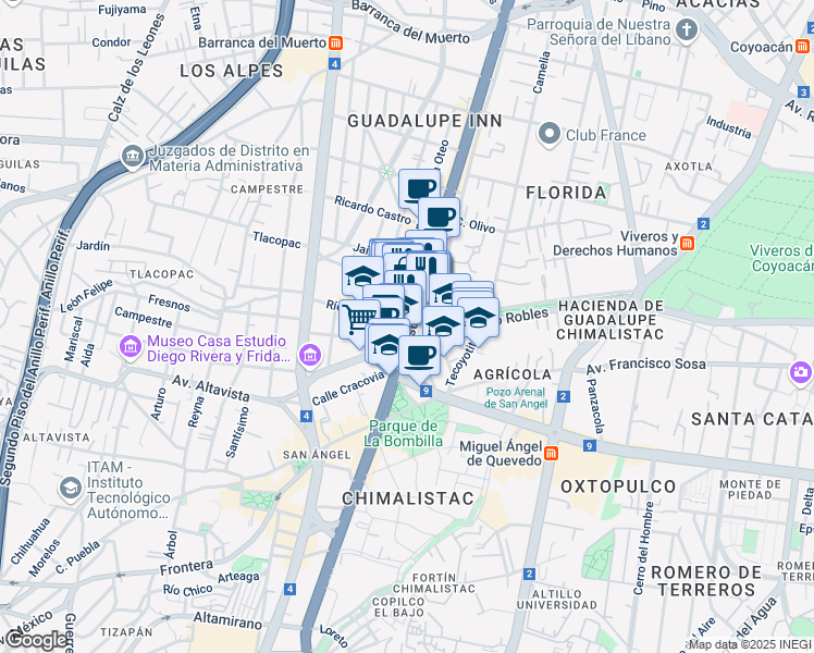 map of restaurants, bars, coffee shops, grocery stores, and more near 2475 Avenida de los Insurgentes Sur in Ciudad de México