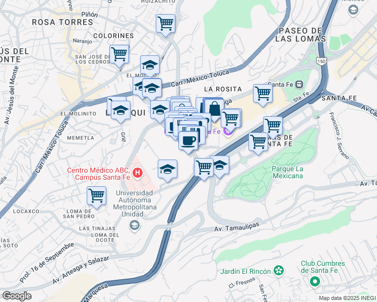 map of restaurants, bars, coffee shops, grocery stores, and more near Juan Salvador Agraz in Ciudad de México