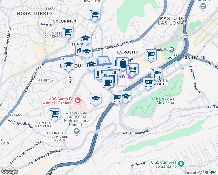 map of restaurants, bars, coffee shops, grocery stores, and more near 101 Juan Salvador Agraz in Mexico City