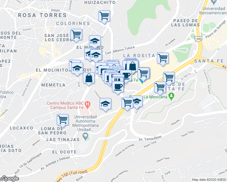 map of restaurants, bars, coffee shops, grocery stores, and more near 69 Juan Salvador Agraz in Ciudad de México