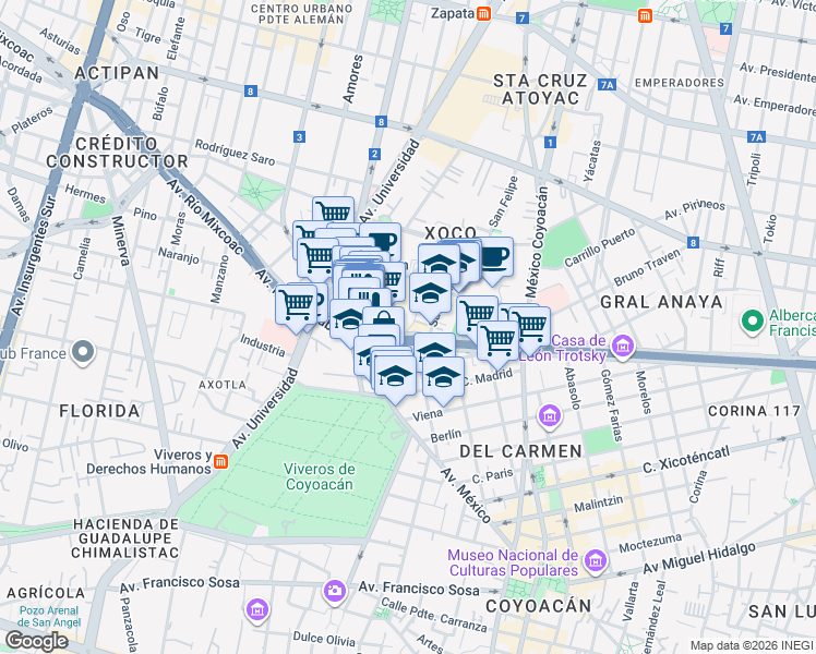 map of restaurants, bars, coffee shops, grocery stores, and more near 601 Avenida Río Churubusco in Ciudad de México