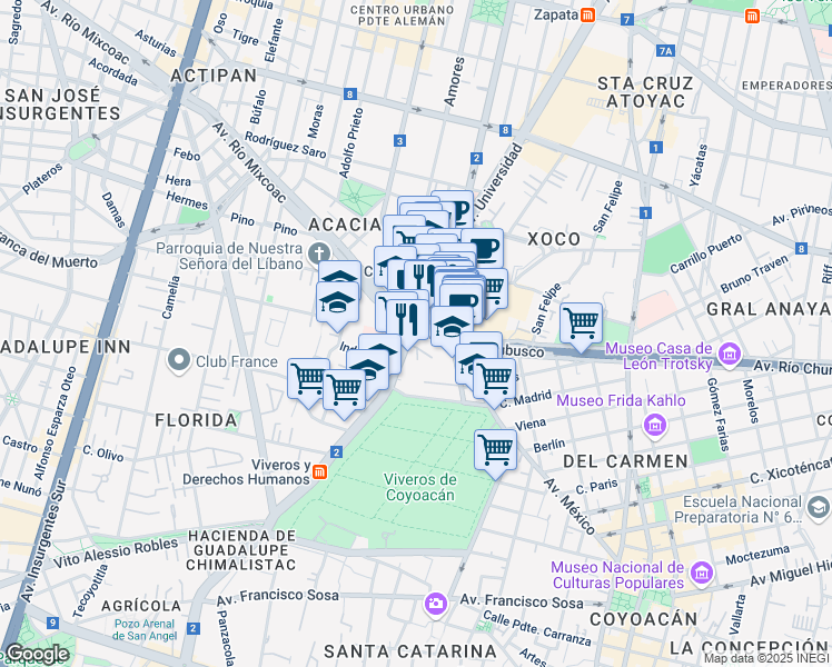 map of restaurants, bars, coffee shops, grocery stores, and more near 1320 Avenida Universidad in Ciudad de México