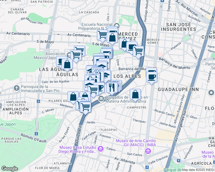 map of restaurants, bars, coffee shops, grocery stores, and more near Calzada de Las Aguilas in Ciudad de México
