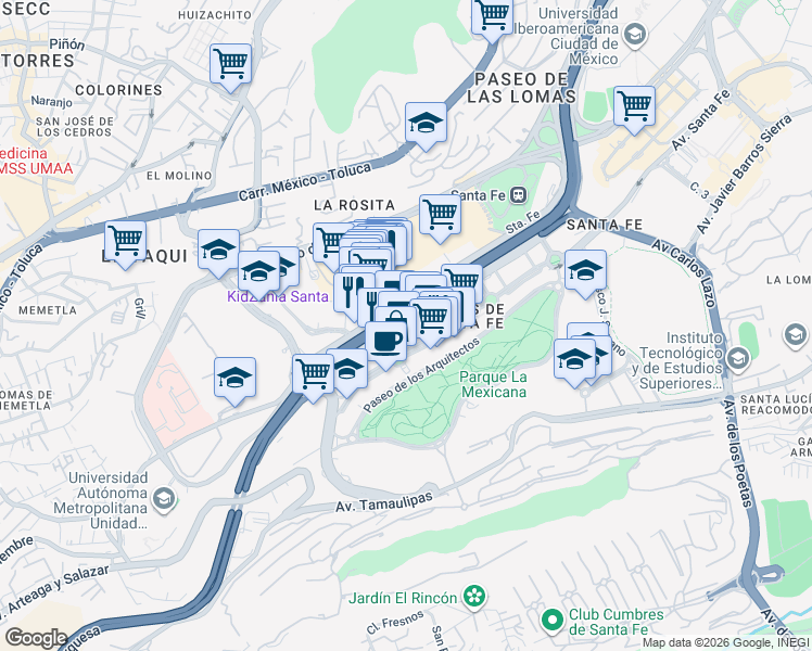 map of restaurants, bars, coffee shops, grocery stores, and more near 1196 Prolongación Paseo de la Reforma in Ciudad de México