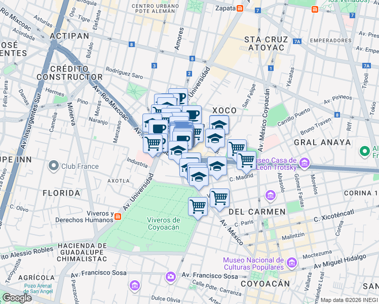 map of restaurants, bars, coffee shops, grocery stores, and more near 25 Avenida Río Churubusco in Ciudad de México