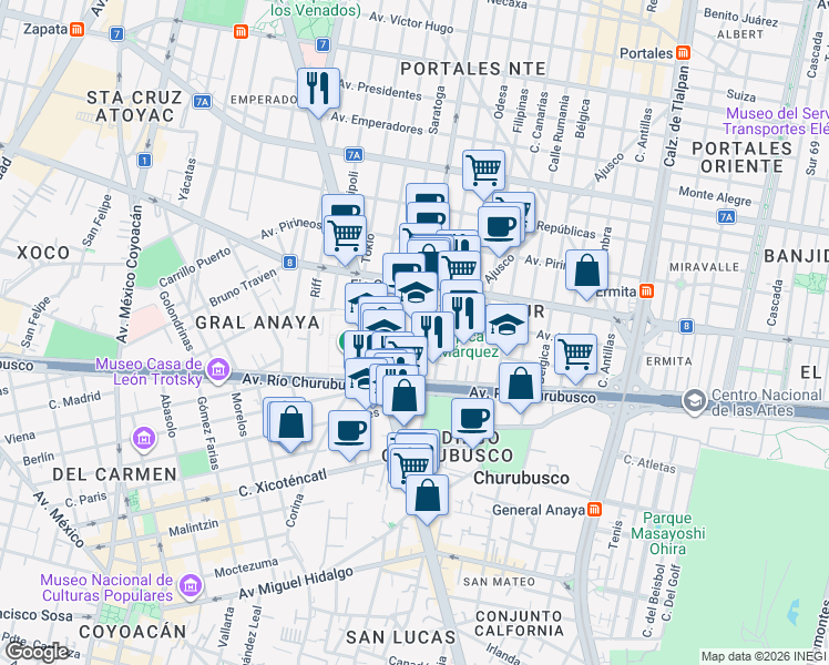 map of restaurants, bars, coffee shops, grocery stores, and more near 1118 Eje Central Lázaro Cárdenas in Ciudad de México
