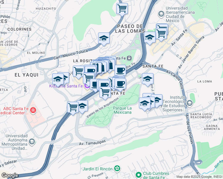 map of restaurants, bars, coffee shops, grocery stores, and more near 481 Avenida Santa Fe in Ciudad de México