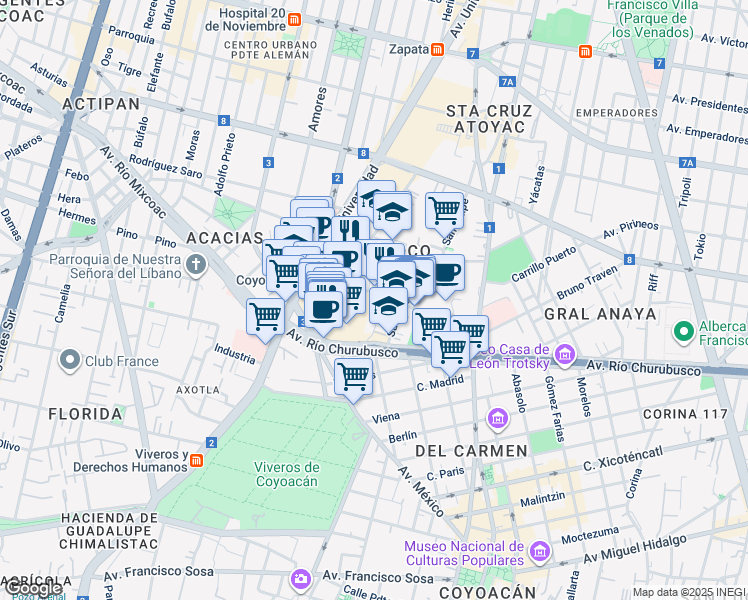 map of restaurants, bars, coffee shops, grocery stores, and more near 130 Real Mayorazgo in Ciudad de México