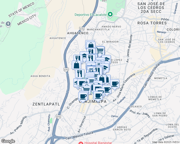 map of restaurants, bars, coffee shops, grocery stores, and more near Avenida México in Ciudad de México