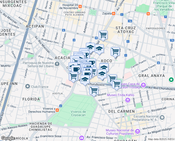 map of restaurants, bars, coffee shops, grocery stores, and more near 130 Real Mayorazgo in Ciudad de México