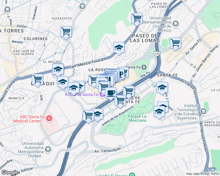 map of restaurants, bars, coffee shops, grocery stores, and more near 3800 Vasco de Quiroga in Ciudad de México