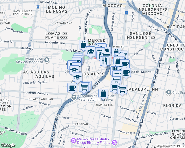 map of restaurants, bars, coffee shops, grocery stores, and more near in Ciudad de México