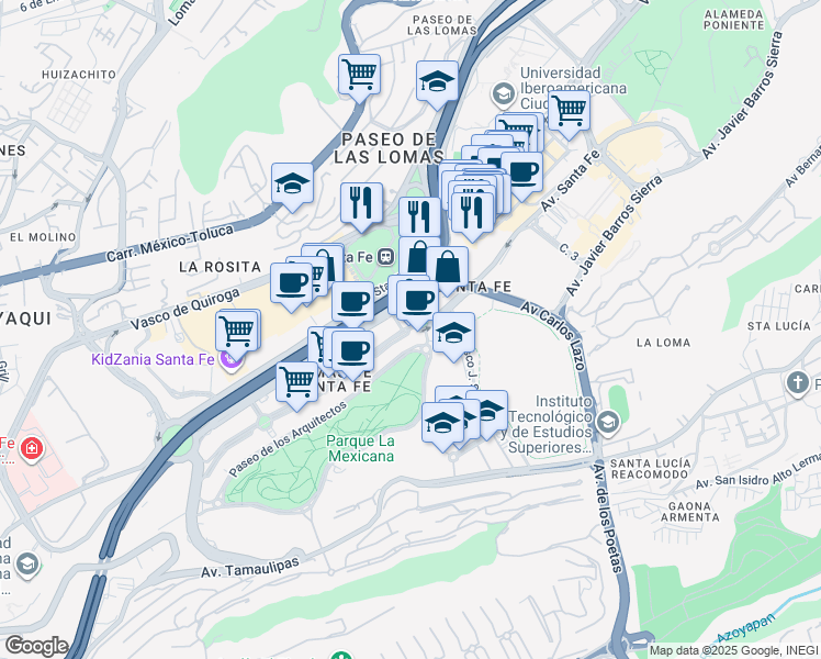 map of restaurants, bars, coffee shops, grocery stores, and more near 434 Avenida Santa Fe in Ciudad de México