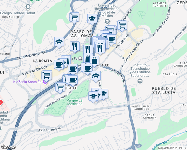 map of restaurants, bars, coffee shops, grocery stores, and more near 428 Avenida Santa Fe in Ciudad de México