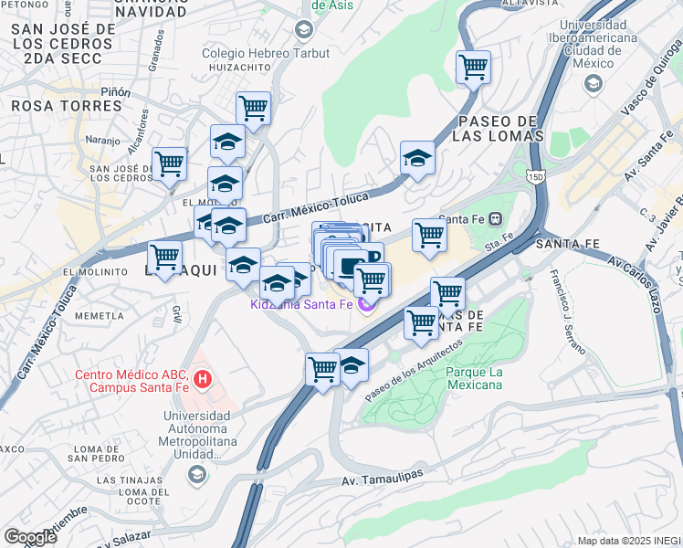 map of restaurants, bars, coffee shops, grocery stores, and more near 3800 Del. Cuajimalpa in Ciudad de México