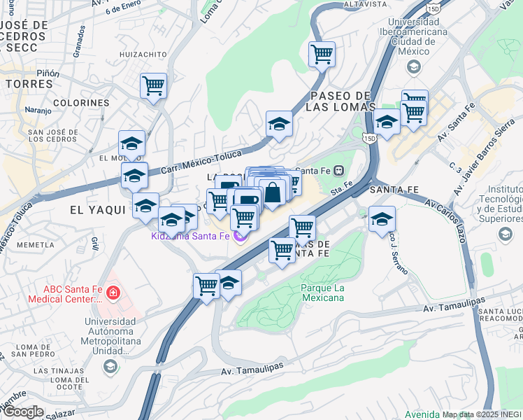 map of restaurants, bars, coffee shops, grocery stores, and more near 3800 Vasco de Quiroga in Ciudad de México