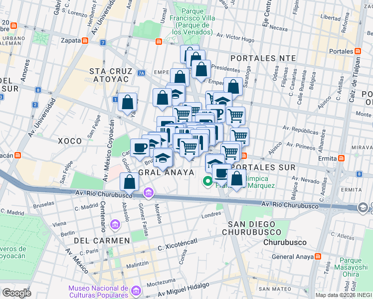 map of restaurants, bars, coffee shops, grocery stores, and more near 216 Avenida Popocatépetl in Ciudad de México