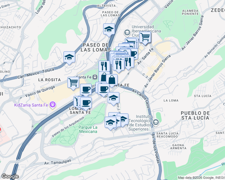 map of restaurants, bars, coffee shops, grocery stores, and more near 434 Avenida Santa Fe in Ciudad de México