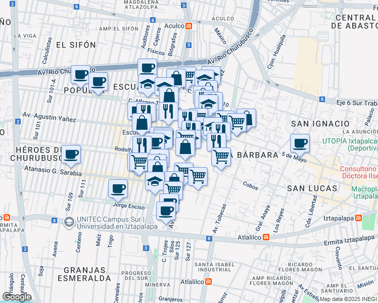 map of restaurants, bars, coffee shops, grocery stores, and more near 198 Avenida Año de Juárez in Ciudad de México