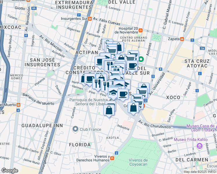 map of restaurants, bars, coffee shops, grocery stores, and more near 850 Moras in Ciudad de México