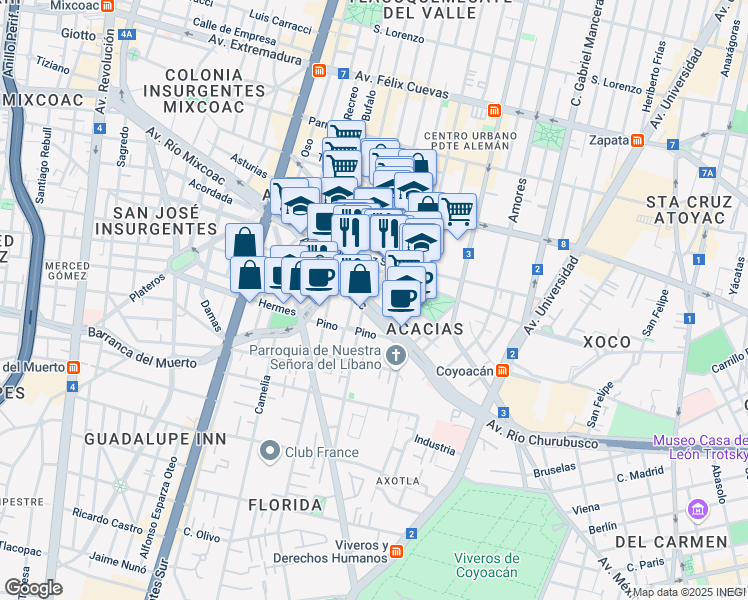 map of restaurants, bars, coffee shops, grocery stores, and more near 850 Moras in Ciudad de México