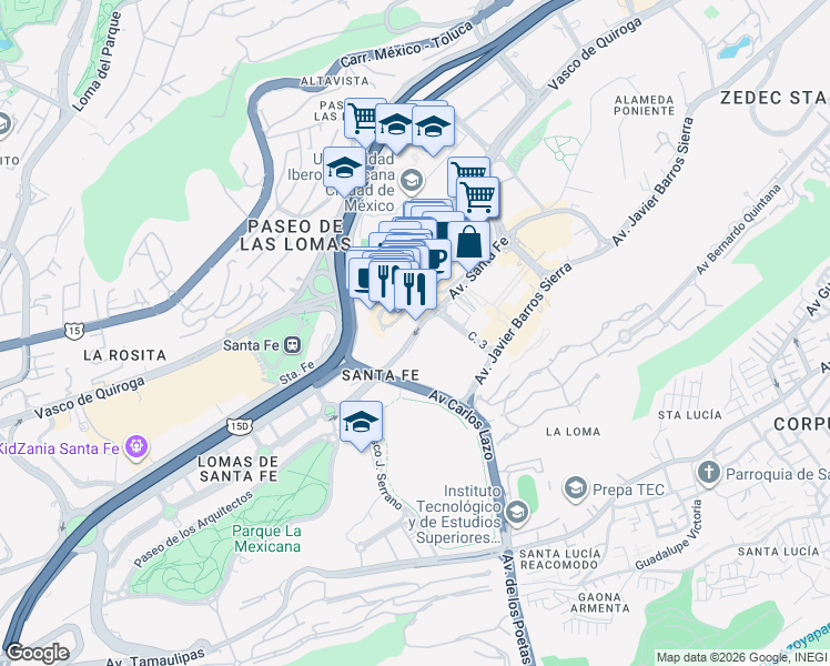 map of restaurants, bars, coffee shops, grocery stores, and more near 498 Avenida Santa Fe in Ciudad de México