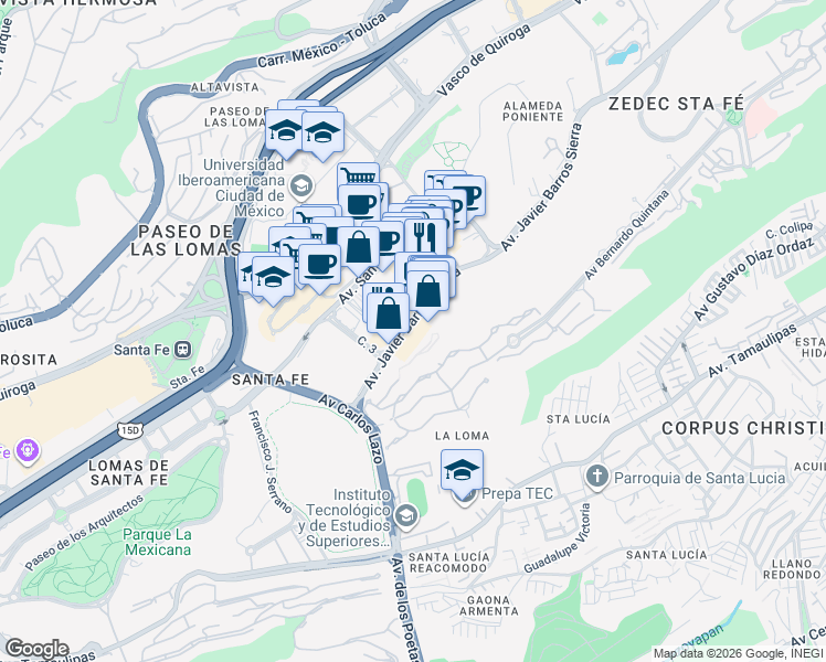 map of restaurants, bars, coffee shops, grocery stores, and more near 540 Avenida Javier Barros Sierra in Ciudad de México