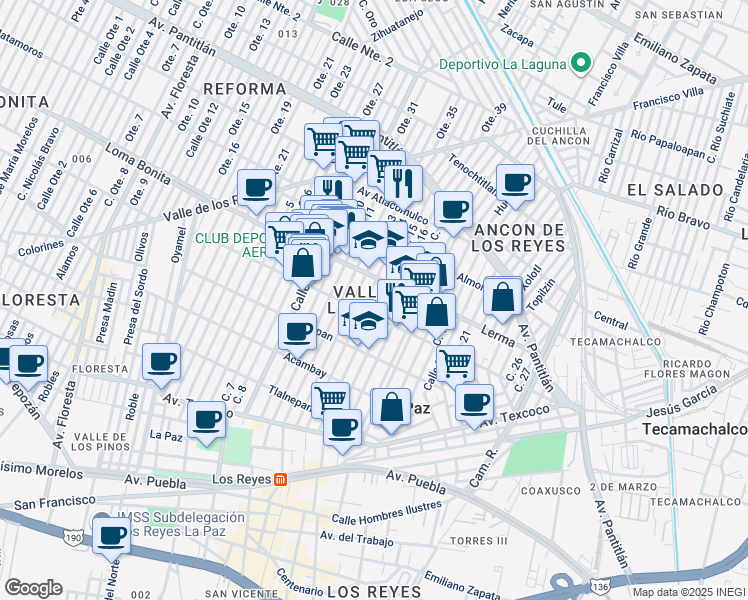map of restaurants, bars, coffee shops, grocery stores, and more near in Los Reyes Acaquilpan
