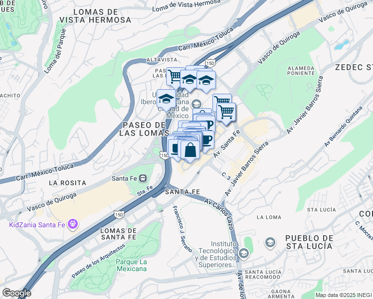 map of restaurants, bars, coffee shops, grocery stores, and more near 3200 Vasco de Quiroga in Ciudad de México