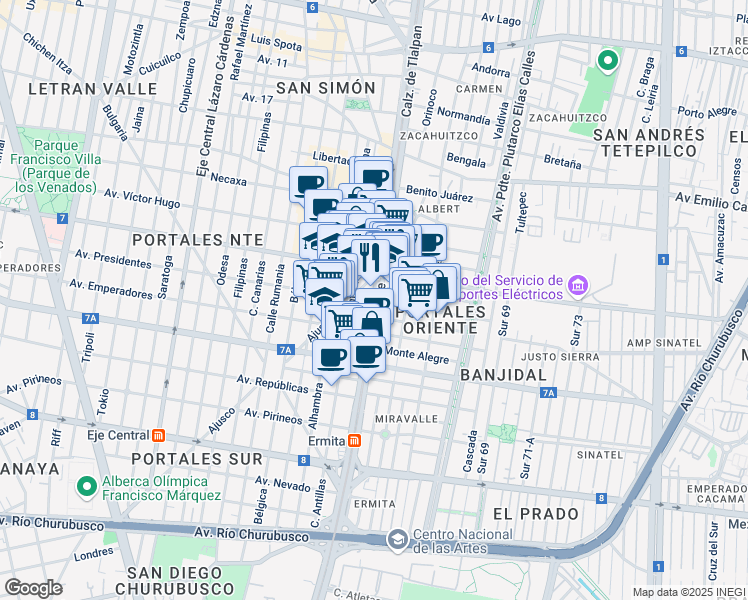 map of restaurants, bars, coffee shops, grocery stores, and more near Calzada de Tlalpan in Ciudad de México
