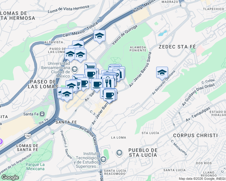 map of restaurants, bars, coffee shops, grocery stores, and more near 495 Avenida Javier Barros Sierra in Ciudad de México