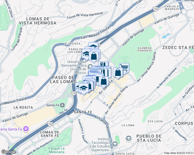 map of restaurants, bars, coffee shops, grocery stores, and more near 3200 Vasco de Quiroga in Ciudad de México