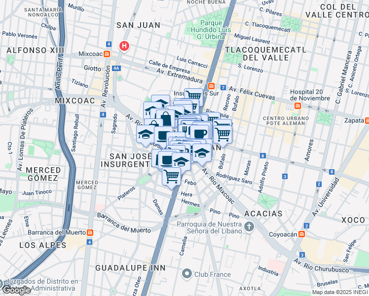 map of restaurants, bars, coffee shops, grocery stores, and more near #1457 Avenida Insurgentes Sur in Ciudad de México