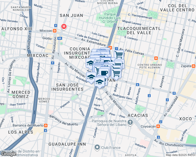 map of restaurants, bars, coffee shops, grocery stores, and more near #1457 Avenida Insurgentes Sur in Ciudad de México