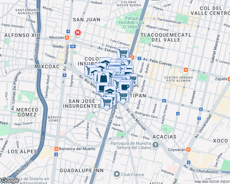 map of restaurants, bars, coffee shops, grocery stores, and more near 1457 Avenida de los Insurgentes Sur in Ciudad de México