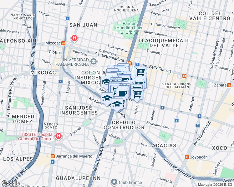 map of restaurants, bars, coffee shops, grocery stores, and more near 1460 Insurgentes Sur in Mexico City