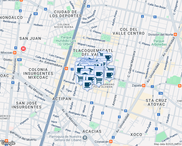 map of restaurants, bars, coffee shops, grocery stores, and more near in Ciudad de México
