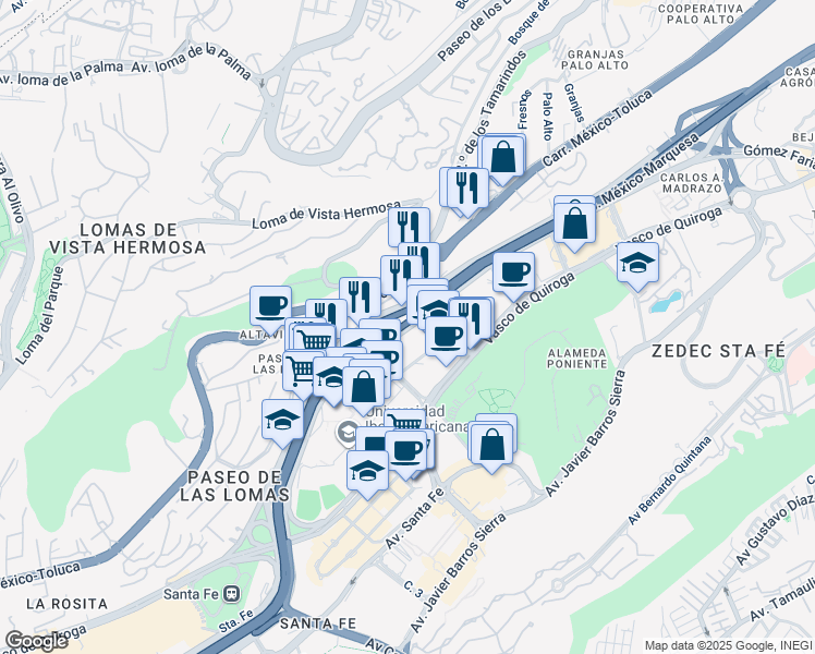 map of restaurants, bars, coffee shops, grocery stores, and more near 627 Prolongación Paseo de la Reforma in Ciudad de México