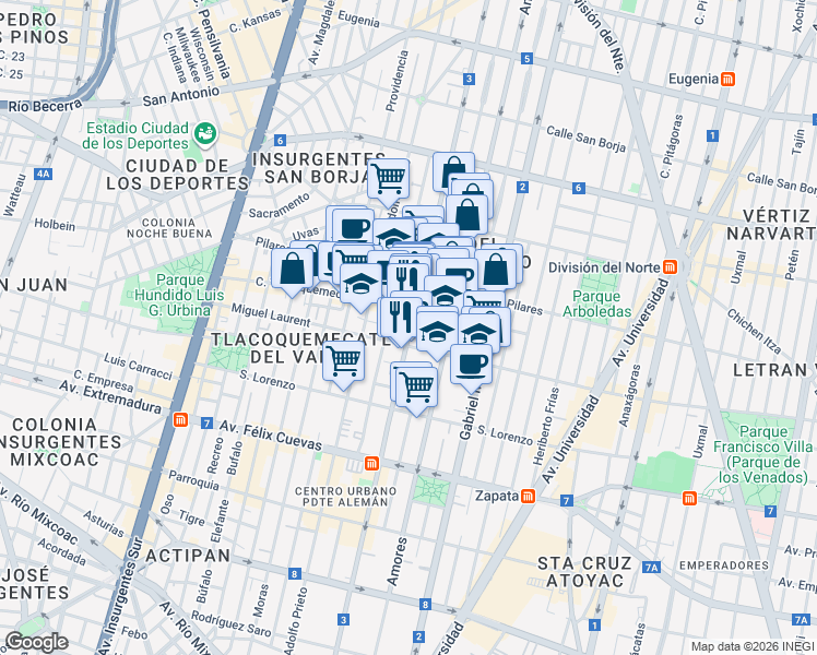 map of restaurants, bars, coffee shops, grocery stores, and more near 1153 Eje 3 Poniente (Av. Coyoacán) in Mexico City