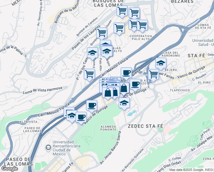 map of restaurants, bars, coffee shops, grocery stores, and more near 355 Avenida Santa Fe in Ciudad de México