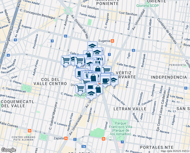 map of restaurants, bars, coffee shops, grocery stores, and more near 1085 Avenida División del Norte in Ciudad de México