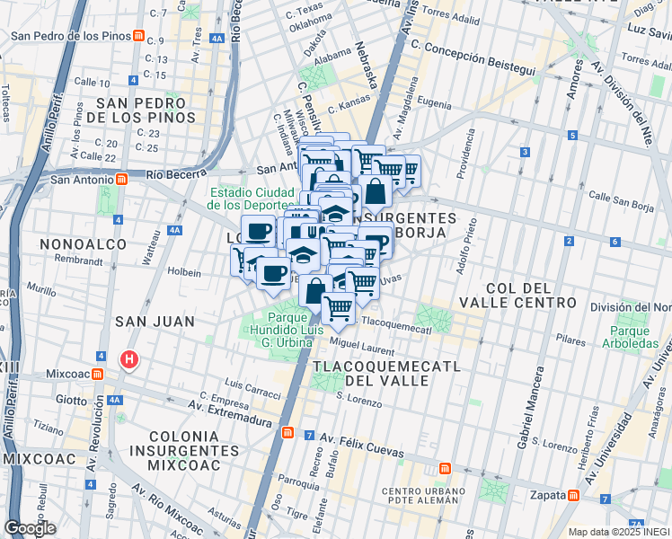 map of restaurants, bars, coffee shops, grocery stores, and more near 1082 Avenida Insurgentes Sur in Ciudad de México