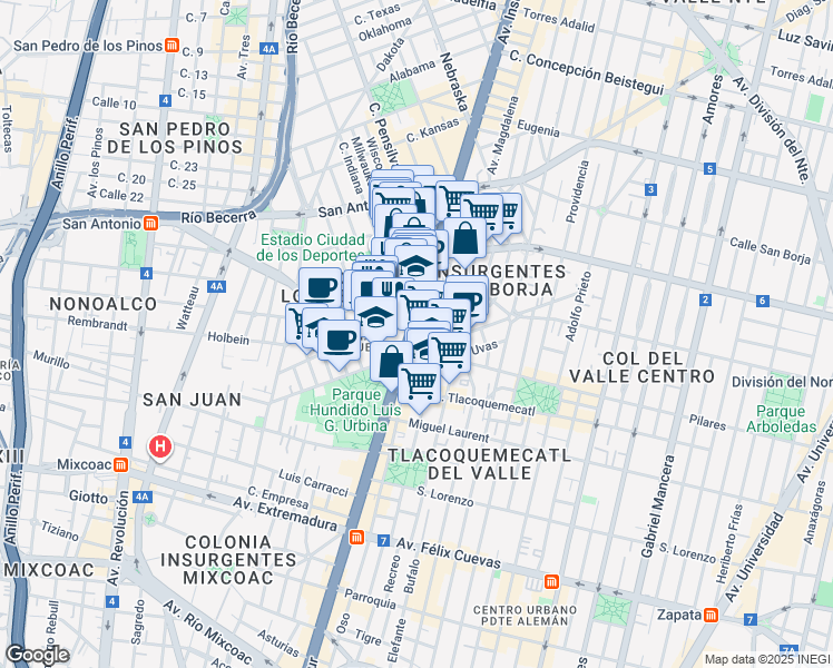 map of restaurants, bars, coffee shops, grocery stores, and more near 1082 Avenida Insurgentes Sur in Ciudad de México