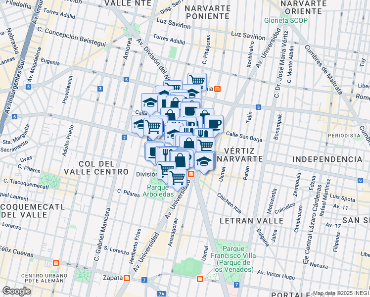 map of restaurants, bars, coffee shops, grocery stores, and more near 1085 Avenida División del Norte in Ciudad de México
