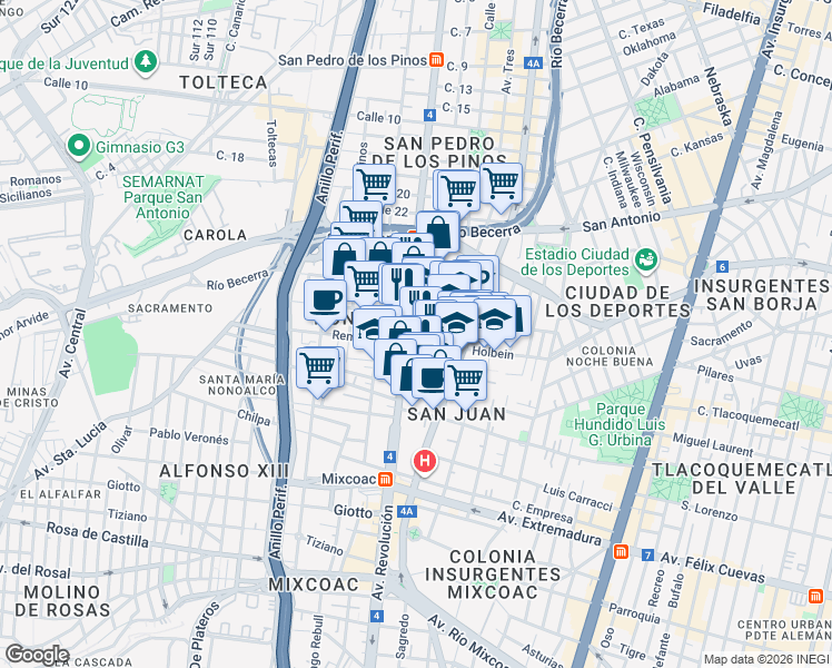 map of restaurants, bars, coffee shops, grocery stores, and more near 756 Avenida Revolución in Ciudad de México