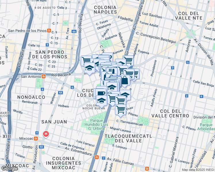 map of restaurants, bars, coffee shops, grocery stores, and more near 260 Calle Indiana in Ciudad de México